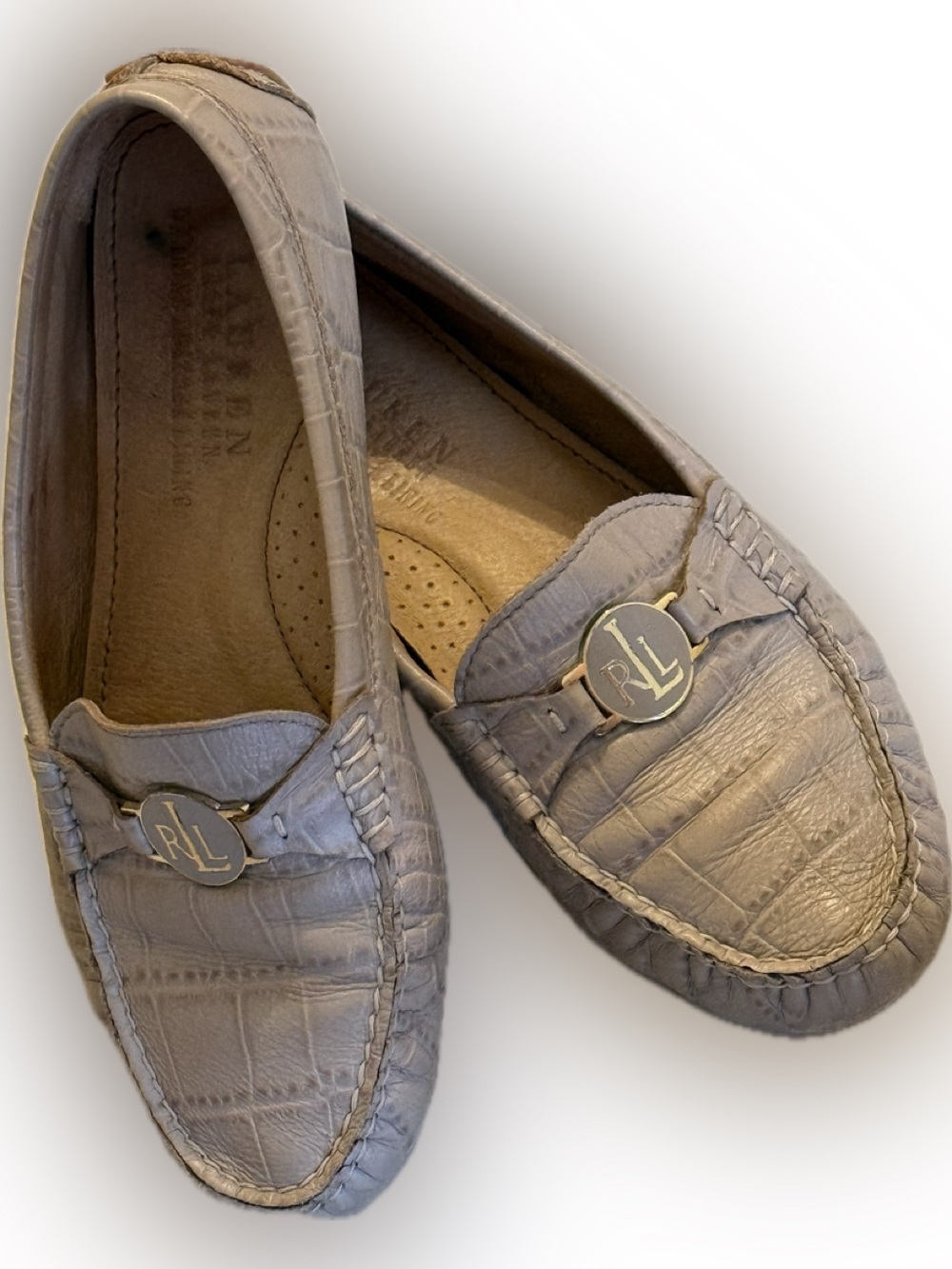 Lauren Ralph Lauren Carley Croc-Embossed Leather Driving Loafers - GUC.